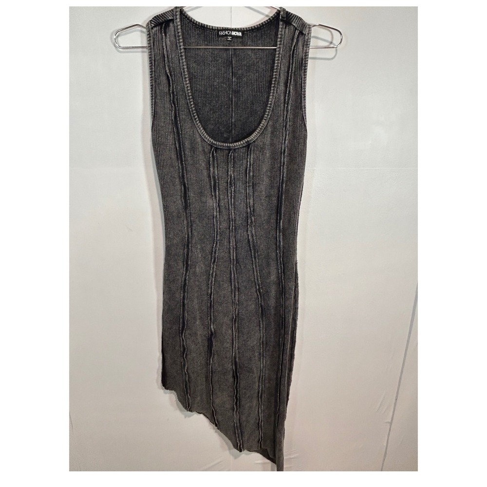 Midi Asymmetrical Dress Women M Gray Wash Ribbed Bodycon Gothic Streetwear Edgy